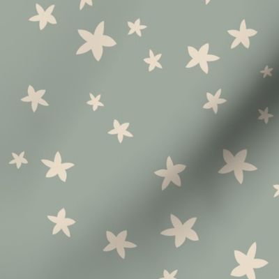 Starfish galaxy in moody earthy sage green - non-directional minimalist pattern with simple sea stars for kids