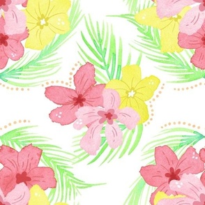 Tropical Hibiscus Pink and Yellow Watercolor Palms