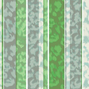 Spotted leopard pattern on striped background. White, green, and gray stripes.