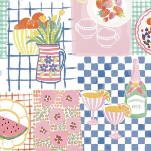 Large - Summer treats - Cute pastel summer picnic patchwork fabric - painterly food - artistic ice cream fish berries fruit drinks plates stripes checks - kitchen foodie