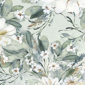 Hand-Painted Watercolor Floral Wallpaper in Romantic  Style, Summer Bloom soft green
