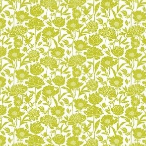 Extra Small Peonies silhouette floral - Cyber Lime green on white - peony flowers - simple two color paper cut upholstery fabric - botanical flowers and leaves