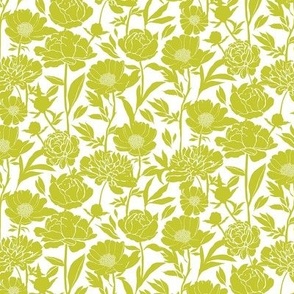 Small Peonies silhouette floral - Cyber Lime green on white - peony flowers - simple two color paper cut upholstery fabric - botanical flowers and leaves