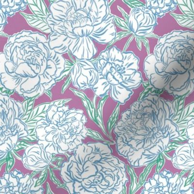 Small - Painted peonies - Beach blue and tropical teal green on Crocus spring purple - coastal - painted floral - artistic lilac pink painterly floral fabric - spring garden preppy floral - girls summer dress bedding peony wallpaper