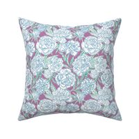 Small - Painted peonies - Beach blue and tropical teal green on Crocus spring purple - coastal - painted floral - artistic lilac pink painterly floral fabric - spring garden preppy floral - girls summer dress bedding peony wallpaper