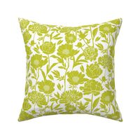 Medium Peonies silhouette floral - Cyber Lime green on white - peony flowers - simple two color paper cut upholstery fabric - botanical flowers and leaves
