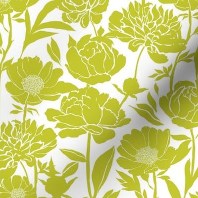 Medium Peonies silhouette floral - Cyber Lime green on white - peony flowers - simple two color paper cut upholstery fabric - botanical flowers and leaves