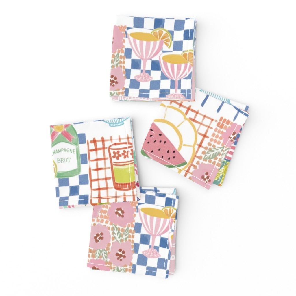 Medium - Summer treats - Cute pastel summer picnic patchwork fabric - painterly food - artistic ice cream fish berries fruit drinks plates stripes checks - kitchen foodie