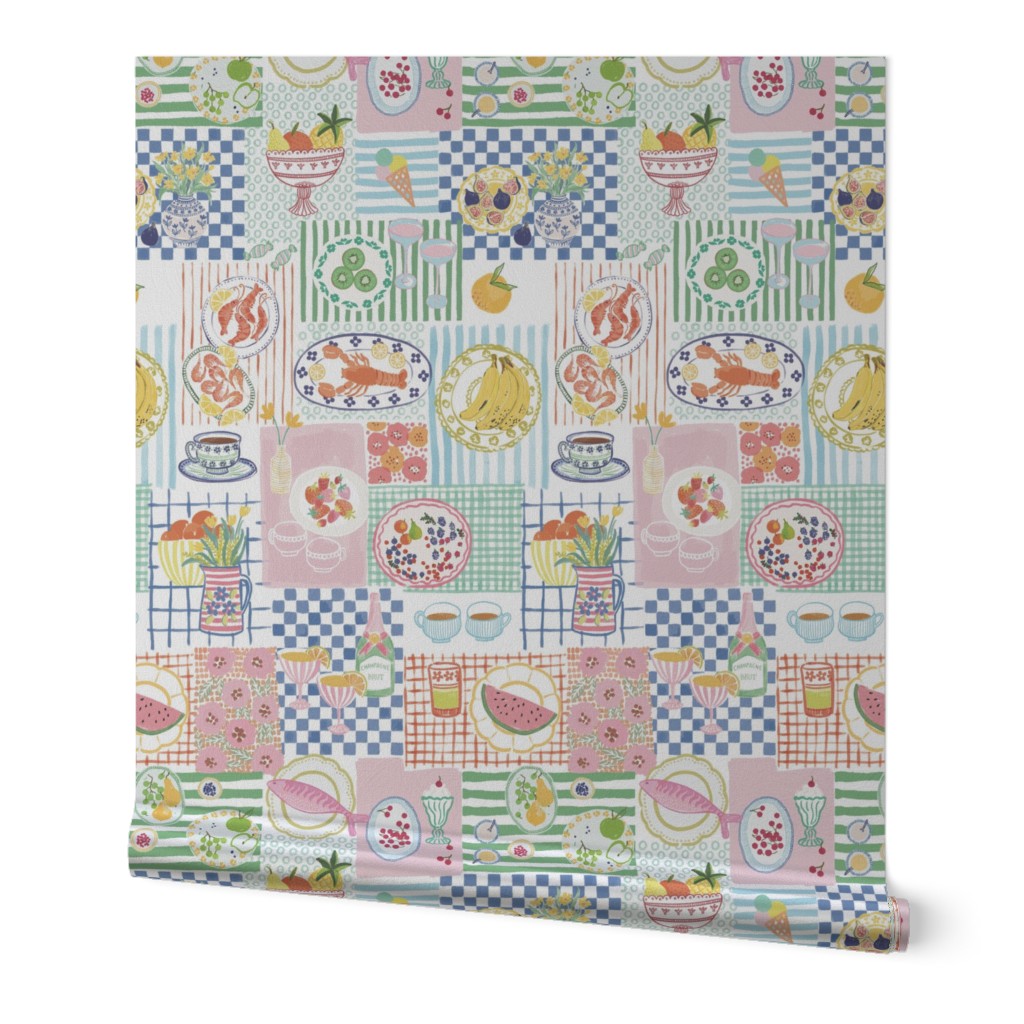 Medium - Summer treats - Cute pastel summer picnic patchwork fabric - painterly food - artistic ice cream fish berries fruit drinks plates stripes checks - kitchen foodie