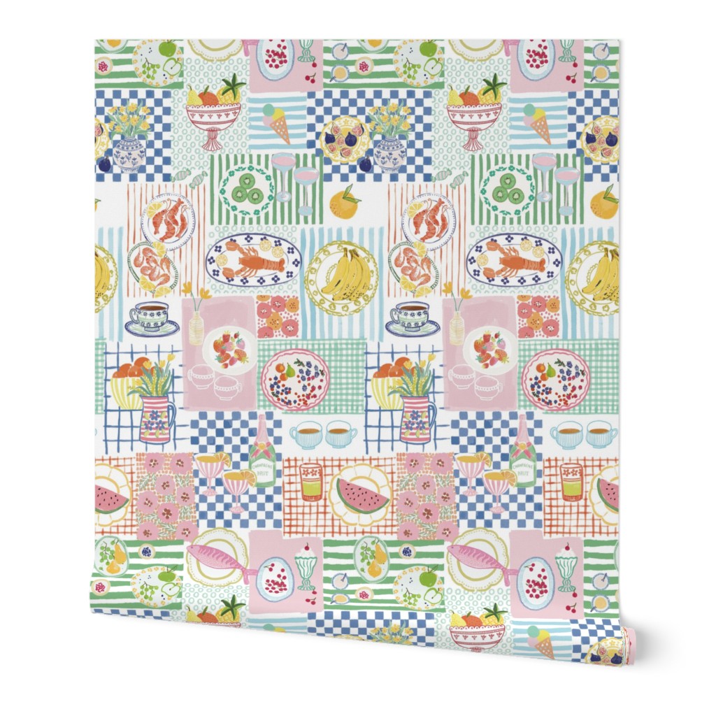 Medium - Summer treats - Cute pastel summer picnic patchwork fabric - painterly food - artistic ice cream fish berries fruit drinks plates stripes checks - kitchen foodie