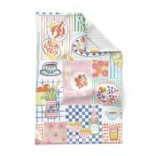 Medium - Summer treats - Cute pastel summer picnic patchwork fabric - painterly food - artistic ice cream fish berries fruit drinks plates stripes checks - kitchen foodie