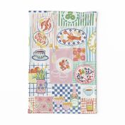 Medium - Summer treats - Cute pastel summer picnic patchwork fabric - painterly food - artistic ice cream fish berries fruit drinks plates stripes checks - kitchen foodie