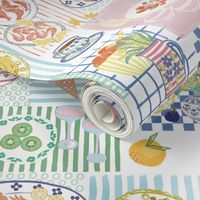 Medium - Summer treats - Cute pastel summer picnic patchwork fabric - painterly food - artistic ice cream fish berries fruit drinks plates stripes checks - kitchen foodie