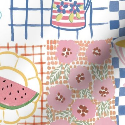 Medium - Summer treats - Cute pastel summer picnic patchwork fabric - painterly food - artistic ice cream fish berries fruit drinks plates stripes checks - kitchen foodie