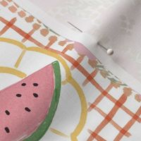 Medium - Summer treats - Cute pastel summer picnic patchwork fabric - painterly food - artistic ice cream fish berries fruit drinks plates stripes checks - kitchen foodie