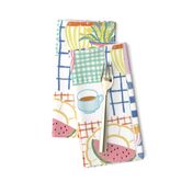 Medium - Summer treats - Cute pastel summer picnic patchwork fabric - painterly food - artistic ice cream fish berries fruit drinks plates stripes checks - kitchen foodie