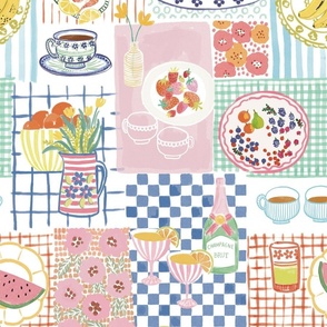 Medium - Summer treats - Cute pastel summer picnic patchwork fabric - painterly food - artistic ice cream fish berries fruit drinks plates stripes checks - kitchen foodie