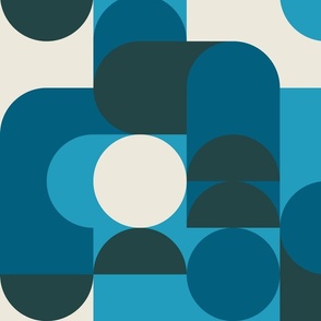 (L) Bauhaus Pier - Abstract Retro 60s 70s Geometric Circles and Squares - monochrome blue
