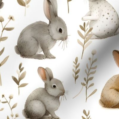 Bunny Rabbits & Foliage on White - medium