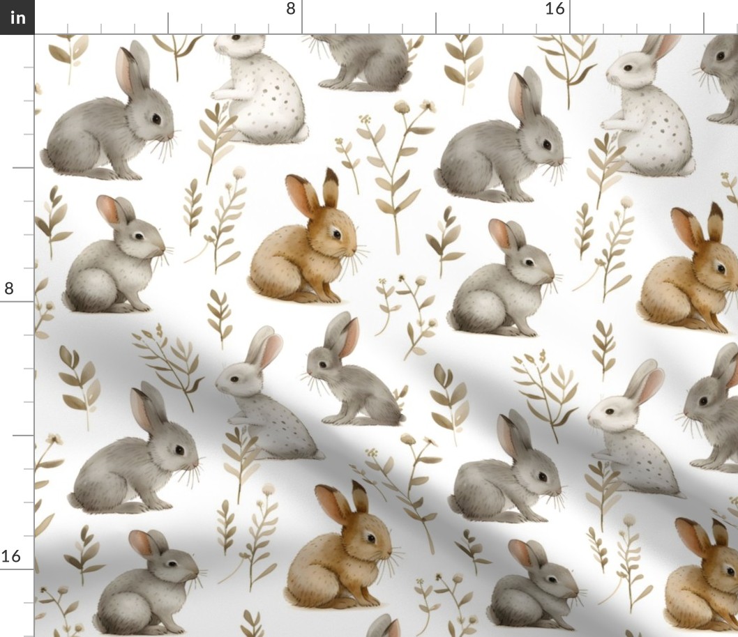 Bunny Rabbits & Foliage on White - medium