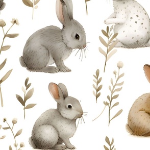 Bunny Rabbits & Foliage on White - large 