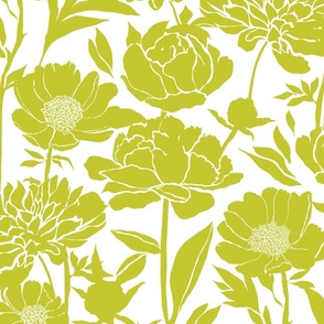 Large Peonies silhouette floral - Cyber Lime green on white - peony flowers - simple two color paper cut upholstery fabric - botanical flowers and leaves