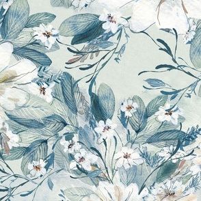 Hand-Painted Watercolor Floral Wallpaper in Romantic  Style, Summer Bloom soft blue