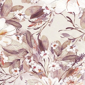 Hand-Painted Watercolor Floral Wallpaper in Romantic  Style, Summer Bloom soft purple earthy tones