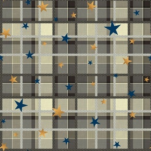 Grey, beige checkered pattern with gold and blue stars.
