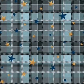 Grey, light blue checkered pattern with gold and blue stars.