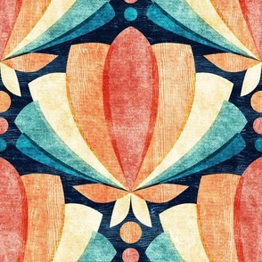 Retro Tulip Lotus Deco in Vintage Coral, Orange, Yellow and Teal Large