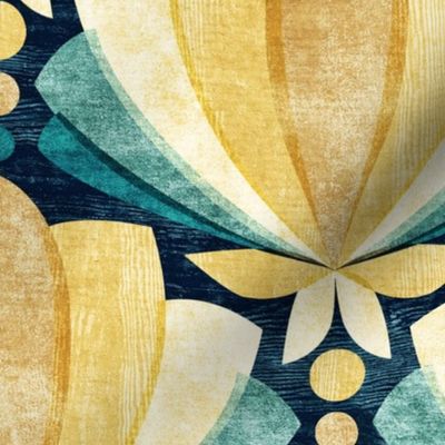 Textured Tulip Lotus Deco in Retro Mustard Yellow, Cream and Teal Large