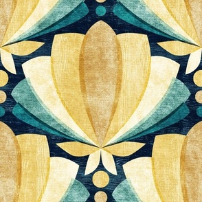 Textured Tulip Lotus Deco in Retro Mustard Yellow, Cream and Teal Large