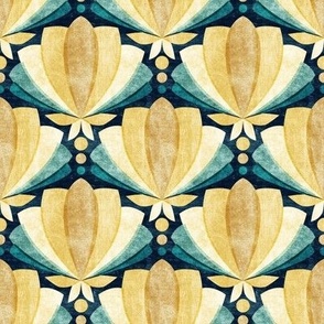 Textured Tulip Lotus Deco in Retro Mustard Yellow, Cream and Teal Small