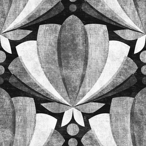 Monochrome Black and White Textured Tulip Lotus Art Deco Large