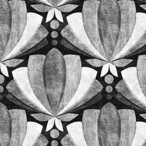 Monochrome Black and White Textured Tulip Lotus Art Deco Medium