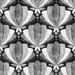 Monochrome Black and White Textured Tulip Lotus Art Deco Small