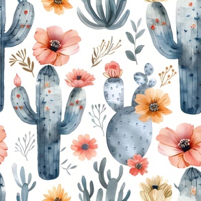 Watercolor Boho Floral Cactus on White - large 