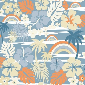 Vintage Hawaii Tropical Vacation / Large / Powder Blue, Orange, Beige