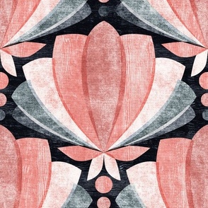 Retro Textured Tulip Lotus Art Deco in Guava Pink and Charcoal Grey Large