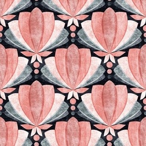 Retro Textured Tulip Lotus Art Deco in Guava Pink and Charcoal Grey Small