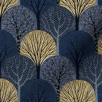 M / Blue and Gold Art Deco Sacred Trees Scallop