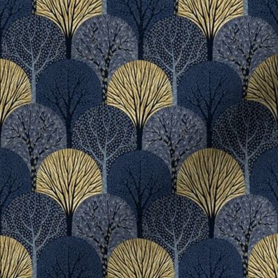 S / Blue and Gold Art Deco Sacred Trees Scallop