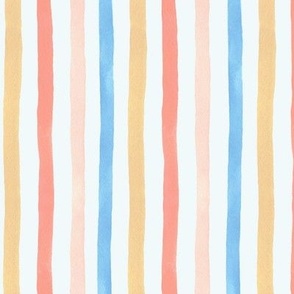 Medium | Summer Beach Stripes Hand-painted Watercolor with Coral, Blue, Sandy Yellow, Coral Pink