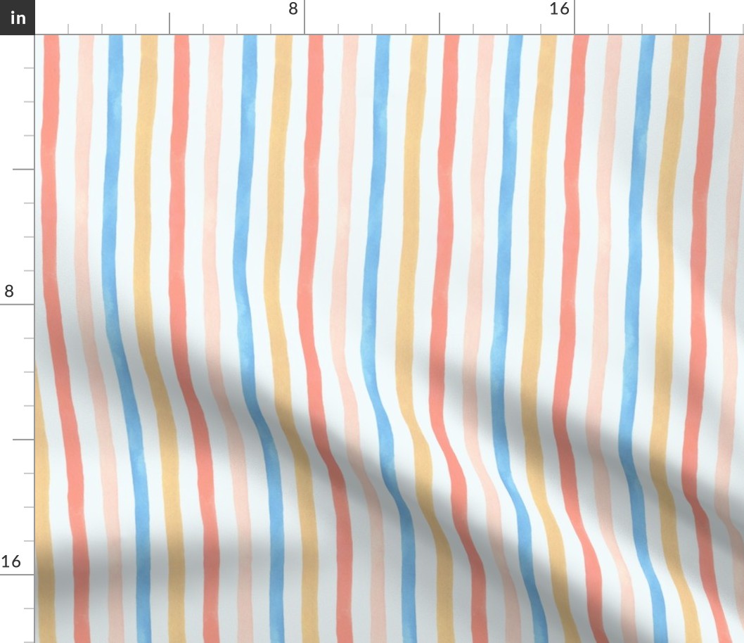 Medium | Summer Beach Stripes Hand-painted Watercolor with Coral, Blue, Sandy Yellow, Coral Pink