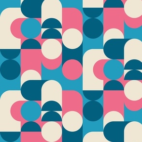 (M) Bauhaus Pier - Abstract Retro 60s 70s Geometric Circles and Squares - pink cream and blue