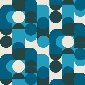 (M) Bauhaus Pier - Abstract Retro 60s 70s Geometric Circles and Squares - monochrome blue