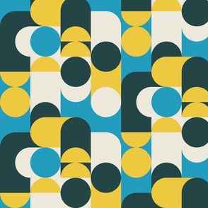 (M) Bauhaus Pier - Abstract Retro 60s 70s Geometric Circles and Squares - blue yellow and cream