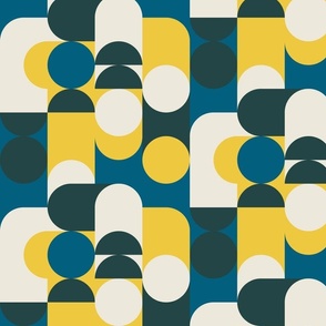 (M) Bauhaus Pier - Abstract Retro 60s 70s Geometric Circles and Squares - blue yellow and cream