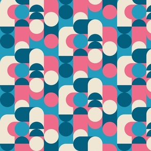 (S) Bauhaus Pier - Abstract Retro 60s 70s Geometric Circles and Squares - pink cream and blue